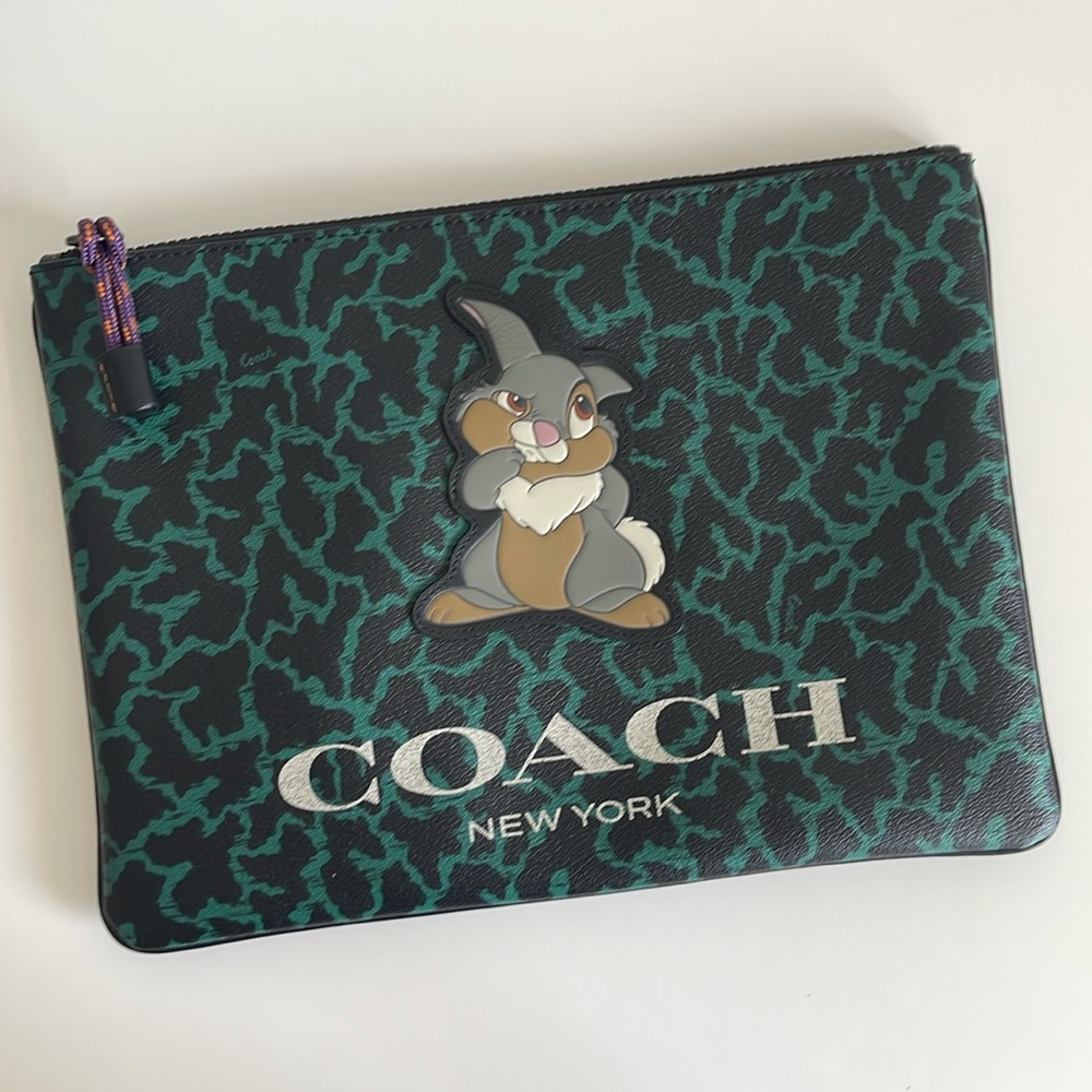 Coach Disney X Wavy Animal Print Green Black With Thumper Large Zippered Sleeve